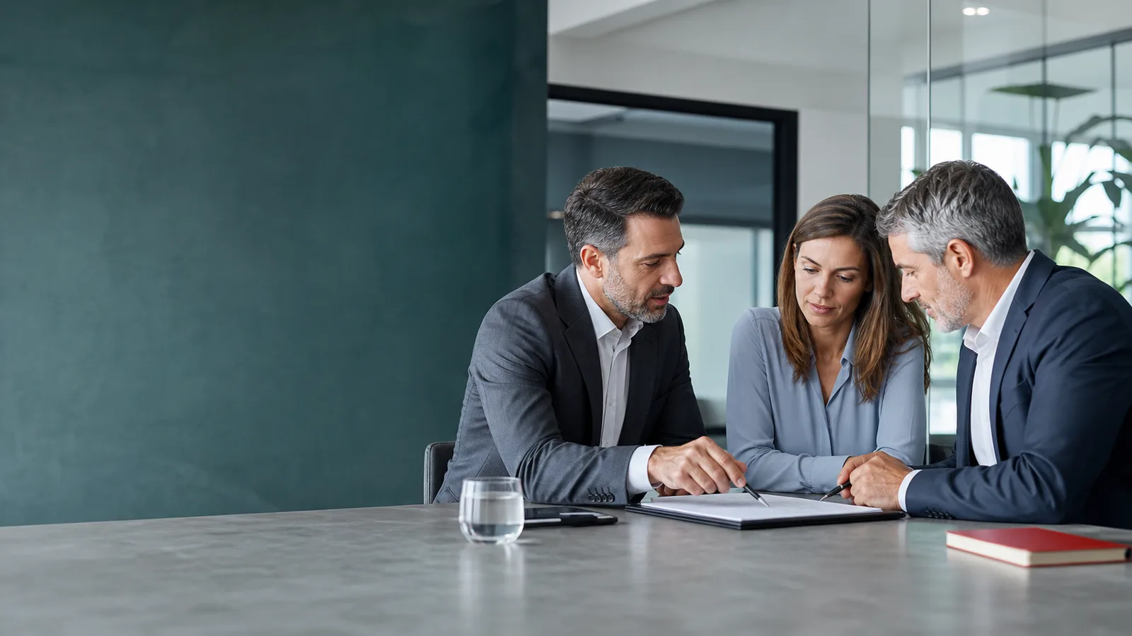 Business professionals discussing contract terms
