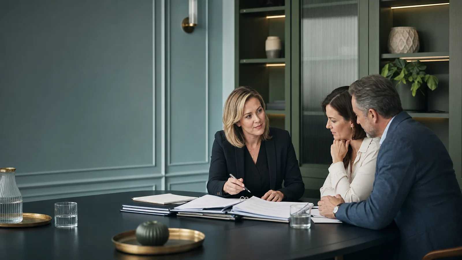 A professional adviser reviewing documents with two adults