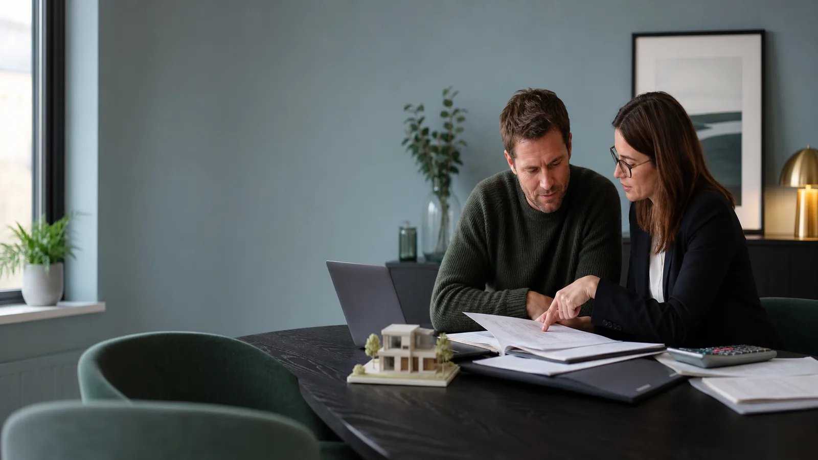 A homeowner and adviser reviewing property finance documents