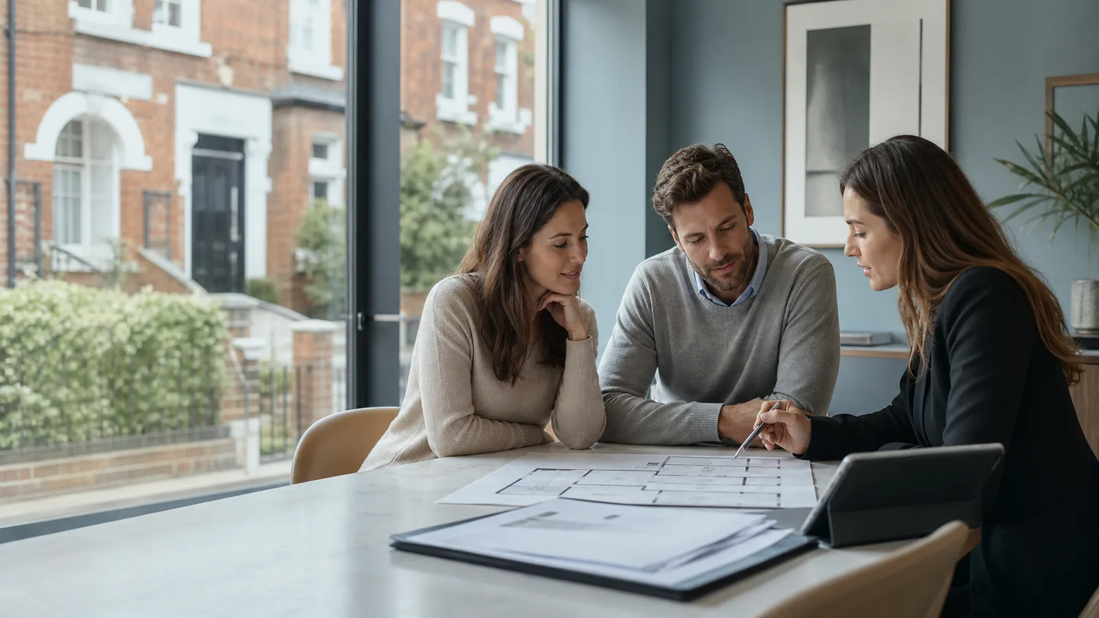 Adults reviewing a residential floor plan
